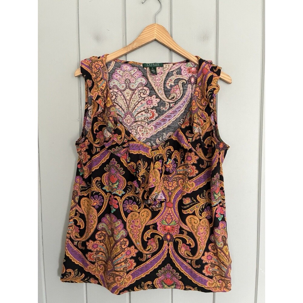 LRL Lauren Ralph Lauren XL Paisley Cotton Ruffle V-Neck Sleeveless Black Yellow